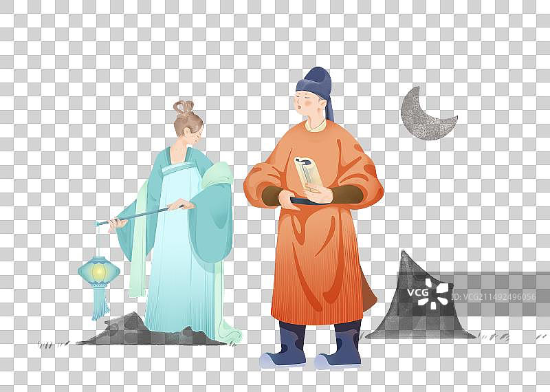 古风月下提灯仕女和身着唐代胡服读书的男子图片素材
