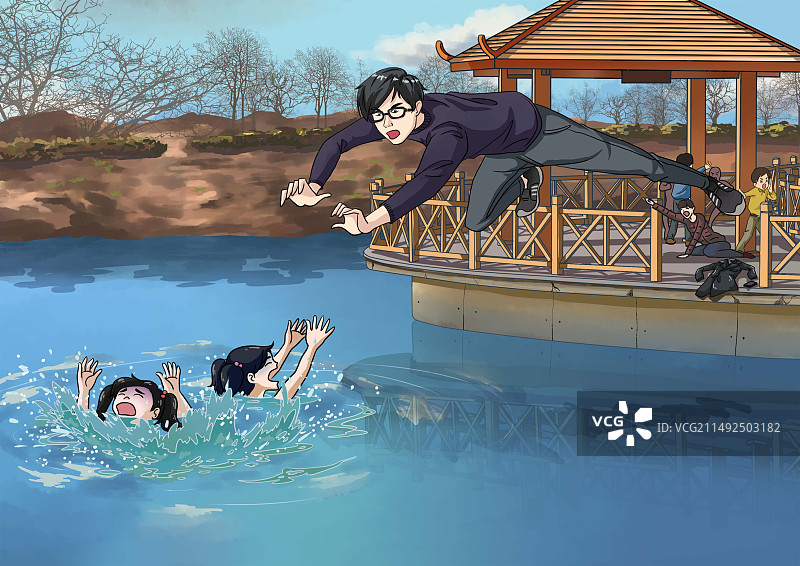插画二维日式原画风男生救人跳水见义勇为日景图片素材