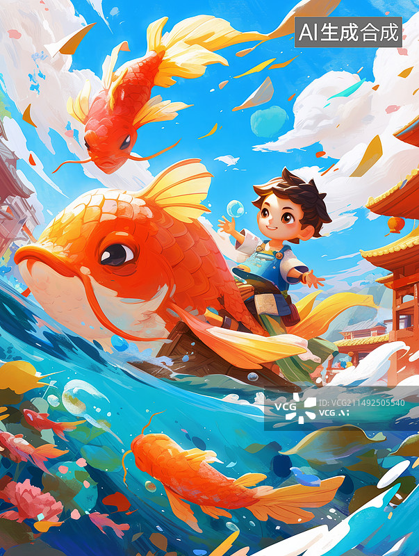 【AI数字艺术】卡通男孩骑在锦鲤身上插画海报图片素材