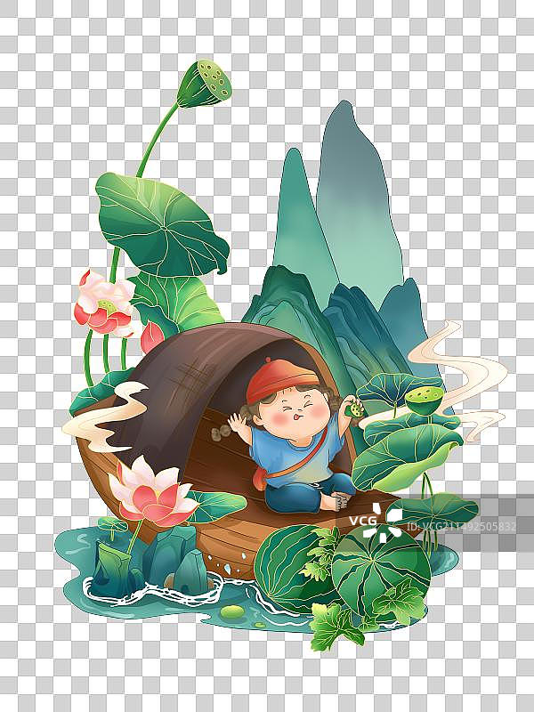 中国风节气之夏至小女孩乘船图片素材