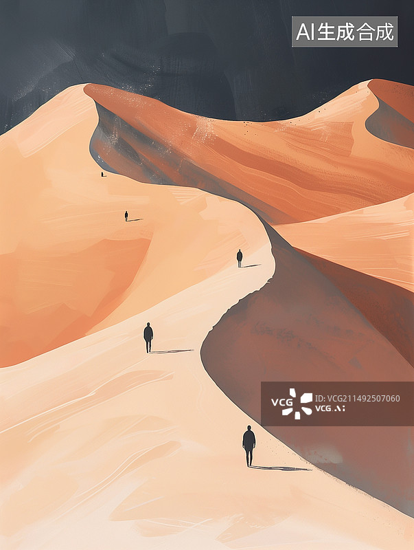 【AI数字艺术】沙漠中行走的人的高角度视角图片素材