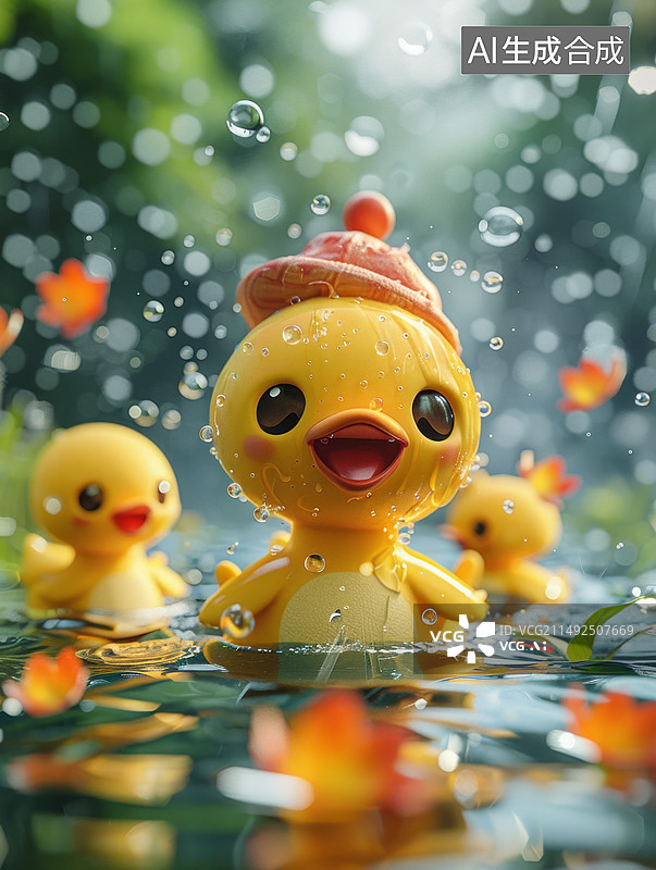 【AI数字艺术】小黄鸭在花环绕的水中玩耍图片素材