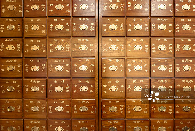 中国中医药服务拍摄主题，中医医院药店药房黄色的古典风格木制药柜，室内无人图像摄影图片素材