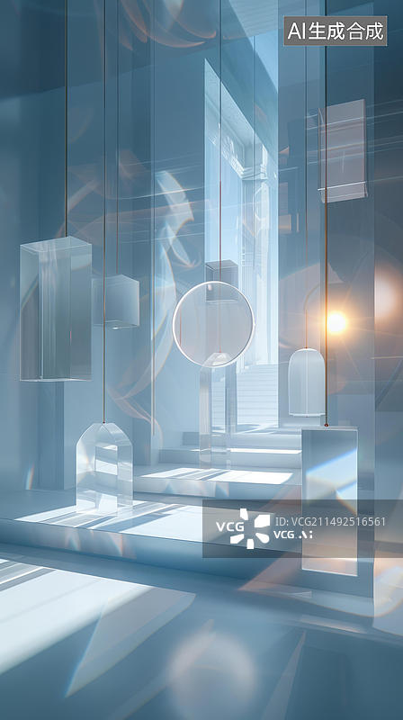 【AI数字艺术】几何形状的艺术装置在蓝色的空间里图片素材