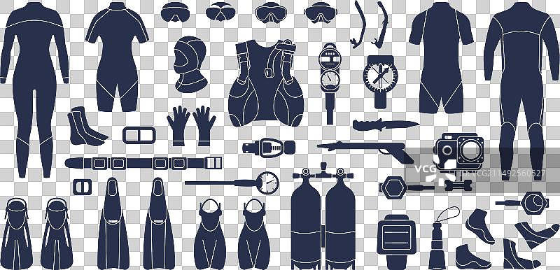 扁平风格的潜水黑色图标：潜水员服装工具图片素材