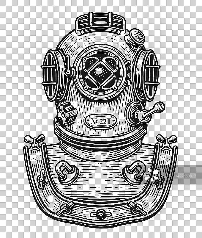手绘复古水下潜水头盔图片素材