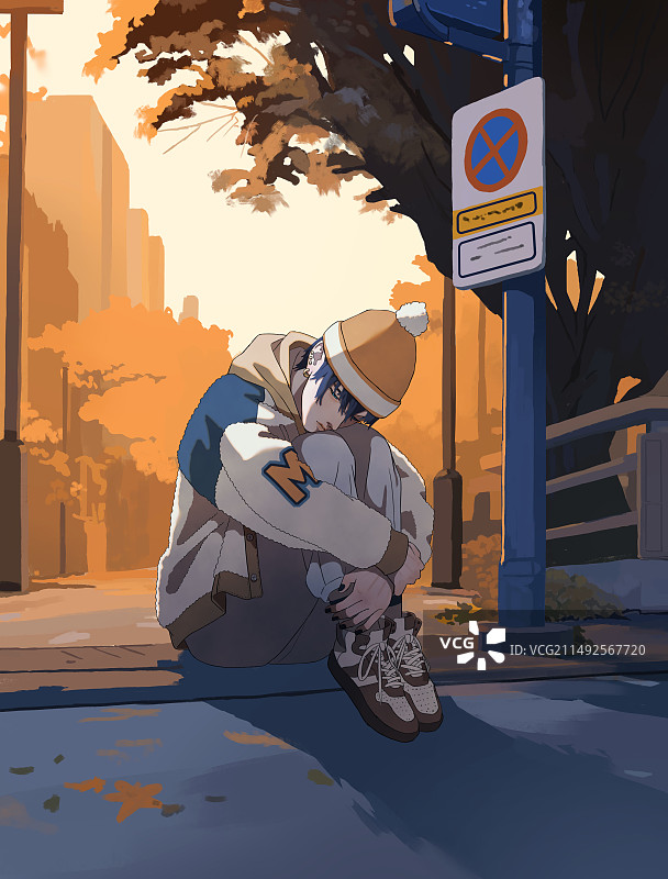 落地余晖下的少年图片素材