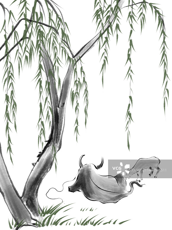 杨柳树下两只牛儿水墨国风插画图片素材