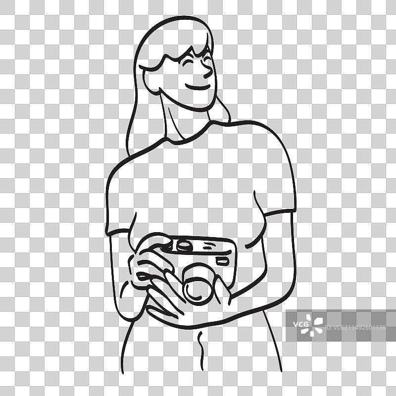 手绘风格，手持小型相机的女人图片素材