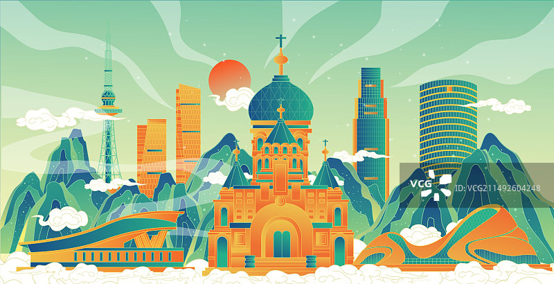 哈尔滨中国风城市复古打卡地标旅游建筑群图片素材