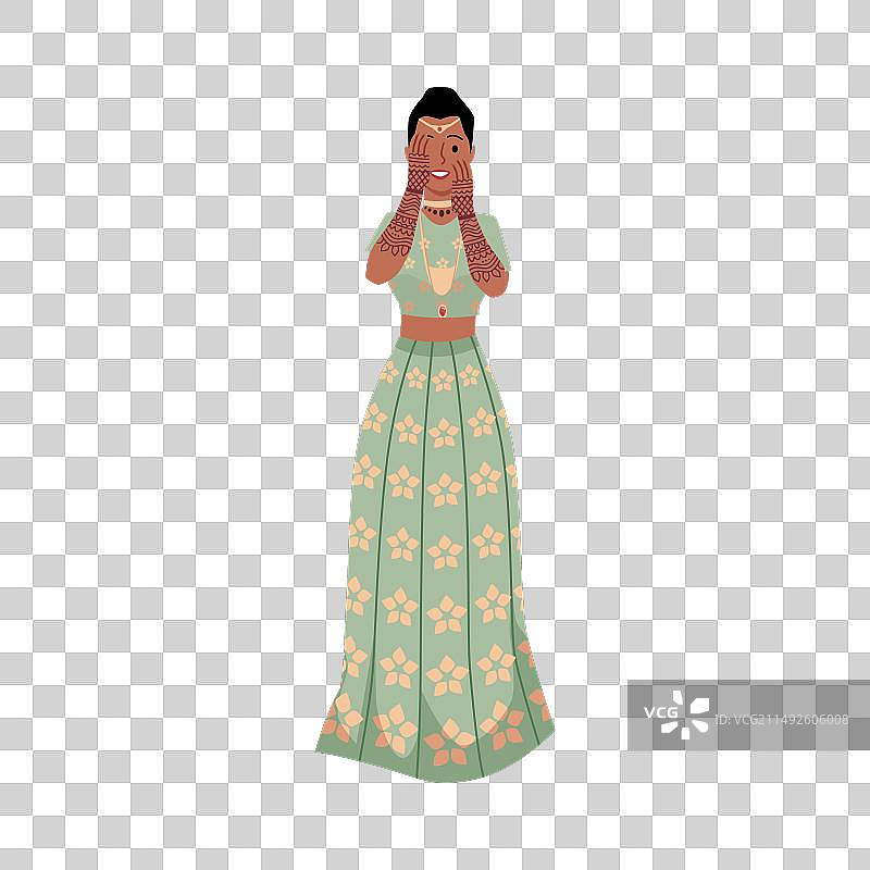 微笑的印度新娘用手遮住脸图片素材