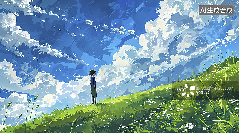 【AI数字艺术】彩云青草风拂面风景插画海报背景图片素材