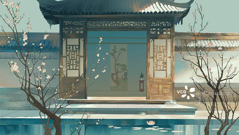 国风中式园林庭院插画图片素材