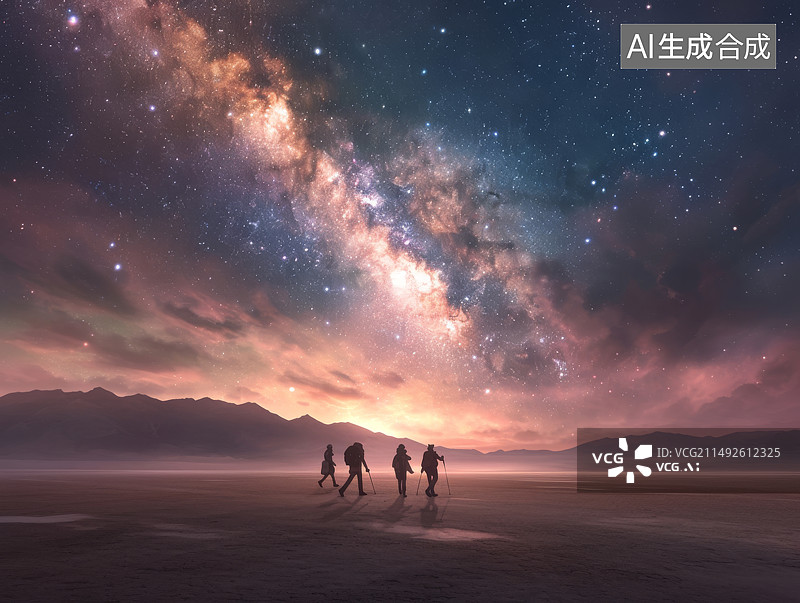 【AI数字艺术】夜晚星空下沙漠徒步写实照片图片素材