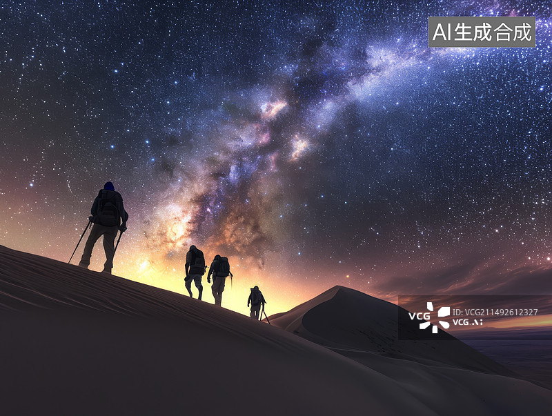 【AI数字艺术】夜晚星空下沙漠徒步写实照片图片素材