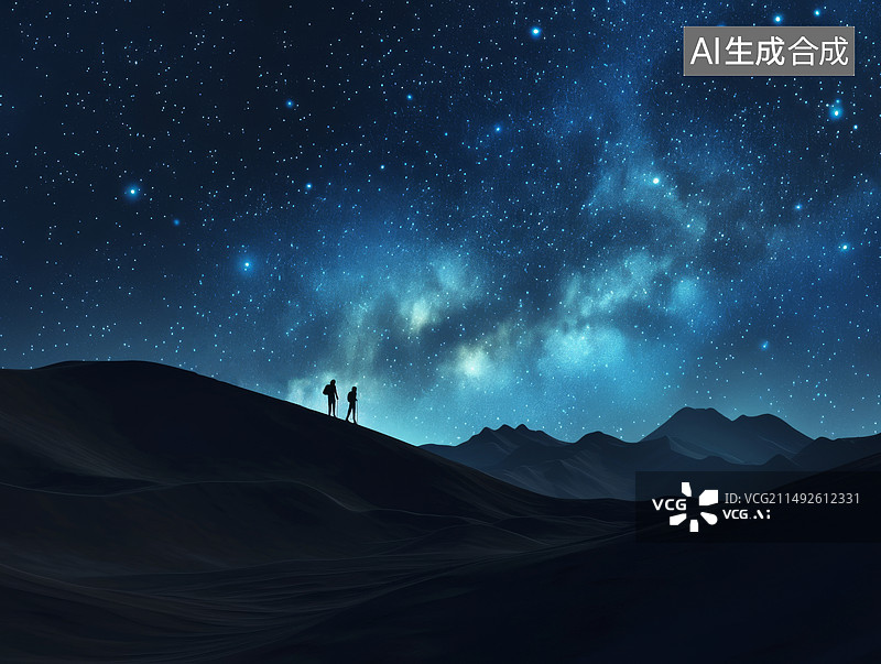 【AI数字艺术】夜晚星空下沙漠徒步写实照片图片素材