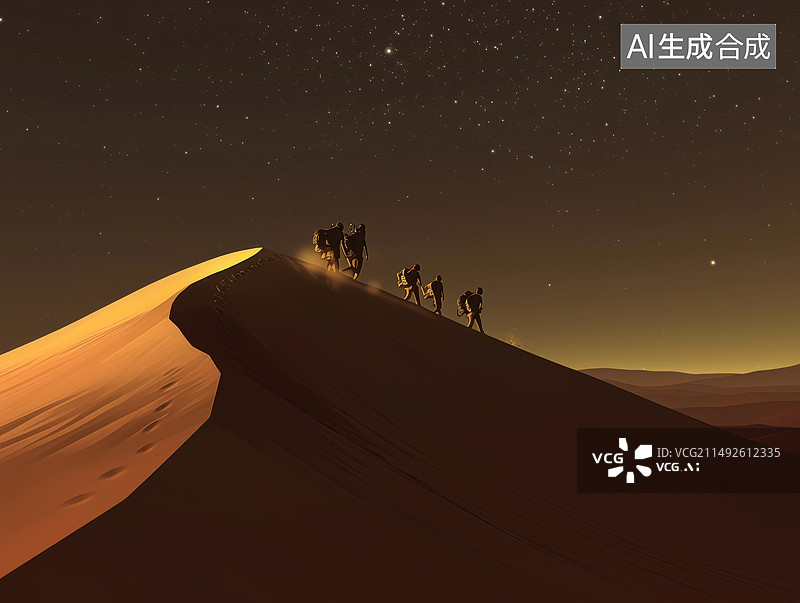 【AI数字艺术】夜晚星空下沙漠徒步写实照片图片素材