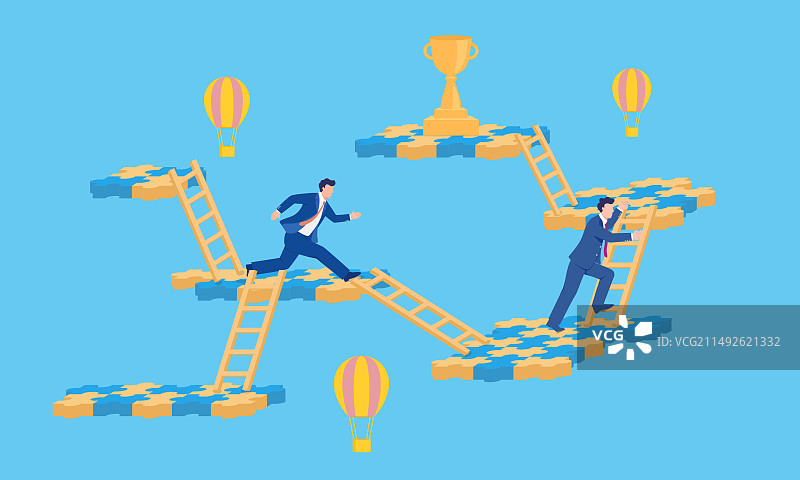 男人向上攀爬争夺冠军奖杯的矢量商业插图图片素材