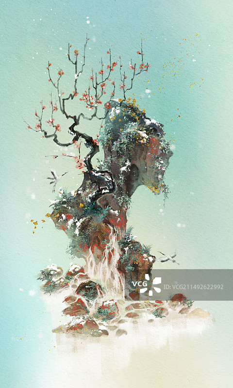 国风意境水墨插画-假山图片素材