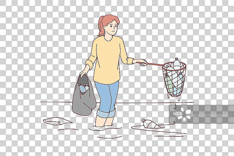 悲伤的女人清理海洋中的塑料垃圾图片素材