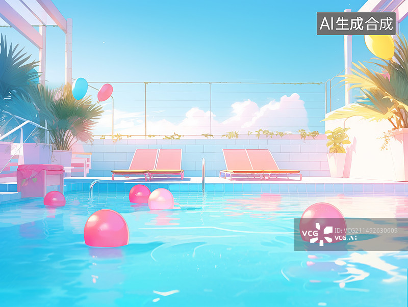 【AI数字艺术】卡通风格的游泳池图片素材