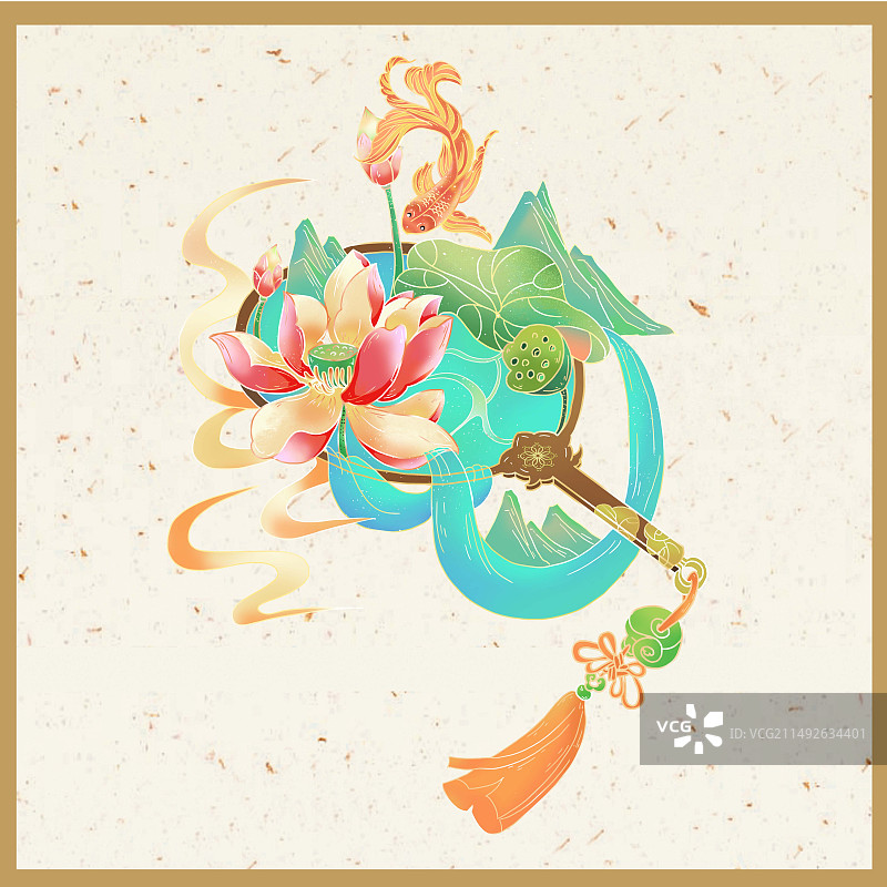 莲花扇子鱼池图图片素材