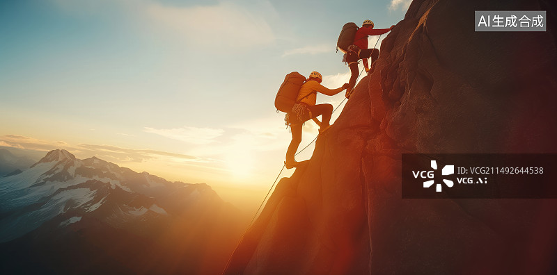 【AI数字艺术】两个人徒步攀登山峰图片素材