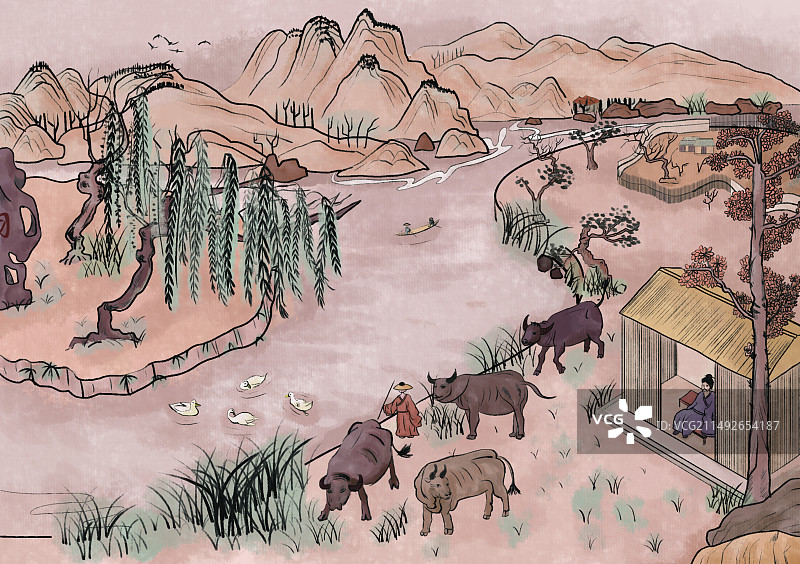 古代古风国风复古插画柳树山水草屋牛人河褐色图片素材