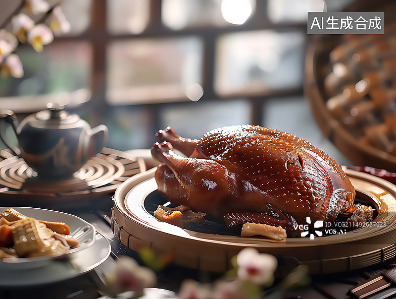 【AI数字艺术】桌上盘子里烤鸡鸡肉熟食的特写镜头图片素材