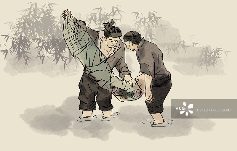 中国风新中式古风古典传统文化水墨风水墨画田园风光乡村生活童年往事小时候农村乡下捕鱼风景插画图片素材