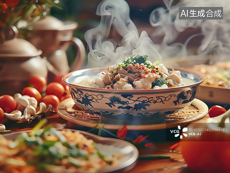 【AI数字艺术】传统新年中式年夜饭春节团圆饭装饰和食物图片素材