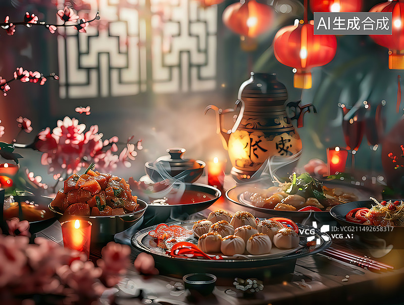 【AI数字艺术】传统新年中式年夜饭春节团圆饭装饰和食物图片素材
