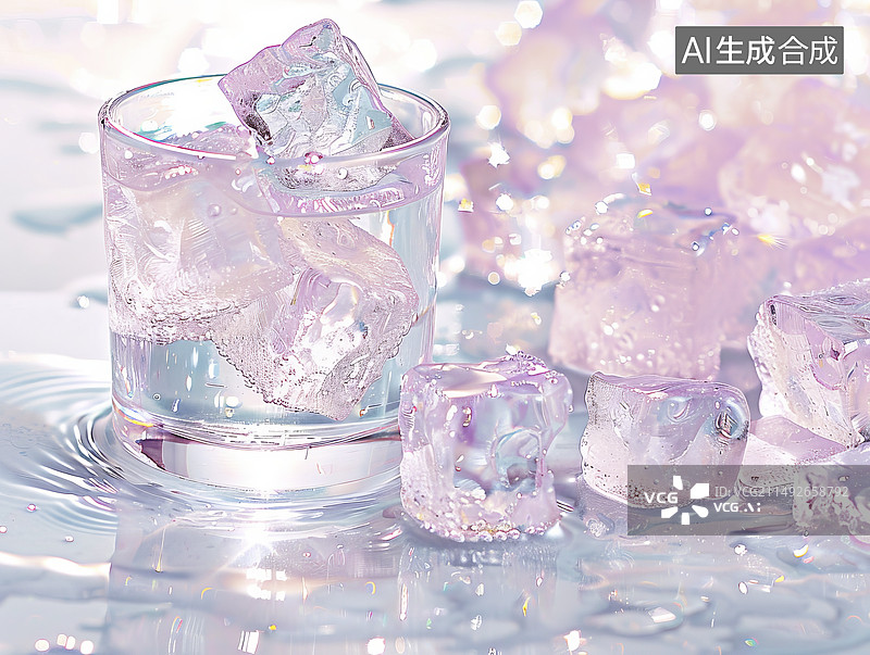 【AI数字艺术】玻璃杯中的粉色冰块图片素材