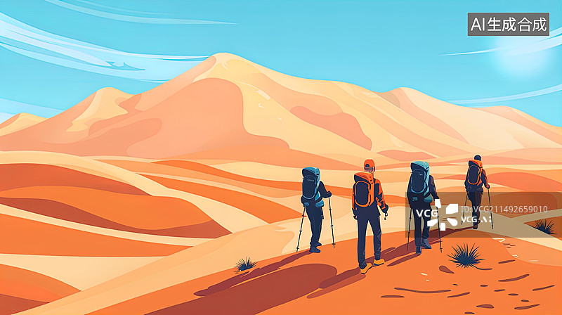 【AI数字艺术】一群背包客在沙漠中徒步旅行图片素材