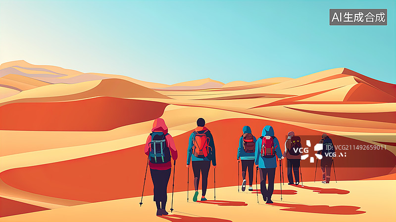 【AI数字艺术】一群背包客在沙漠中徒步旅行图片素材
