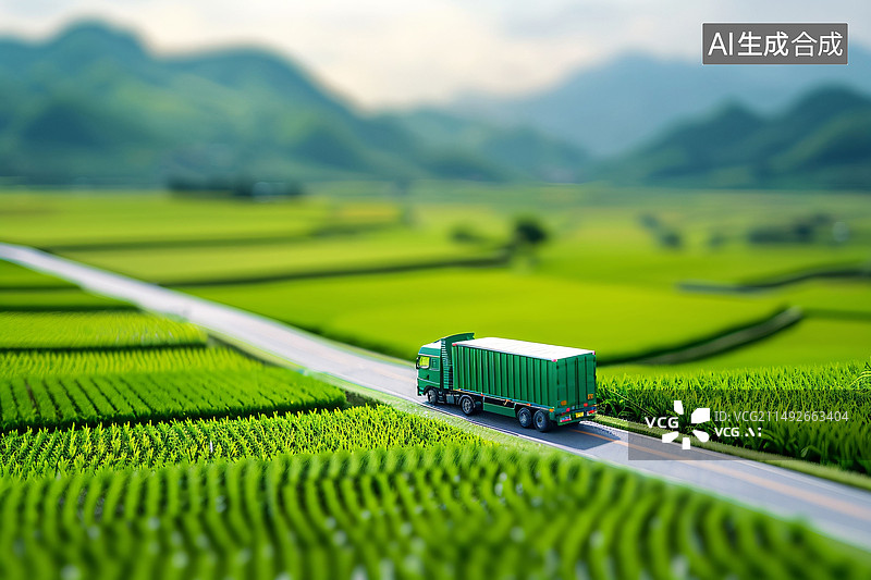 【AI数字艺术】农村公路卡车通行微缩景观，乡村振兴城乡贯通经济建设背景插图房车自驾游旅行微缩景观，假期黄金周户外旅游图片素材