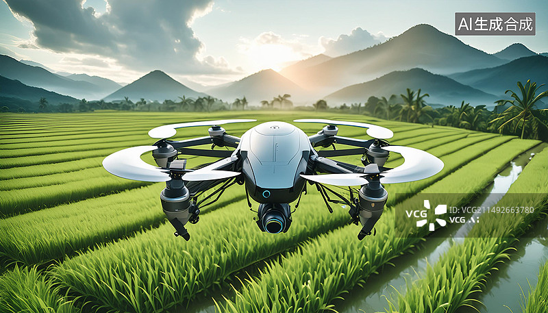 【AI数字艺术】无人机在田地里作业，新质生产力图片素材