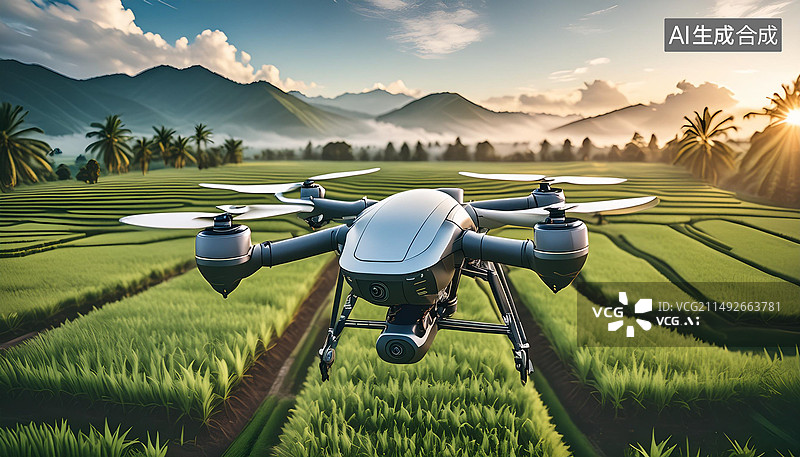 【AI数字艺术】无人机在田地里作业，新质生产力图片素材