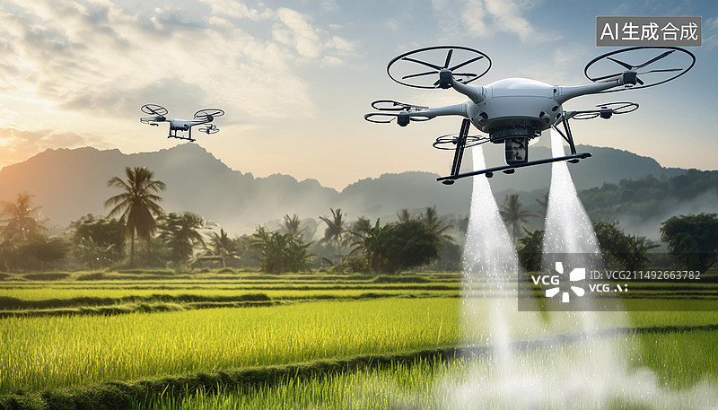【AI数字艺术】无人机在田地里作业，新质生产力图片素材