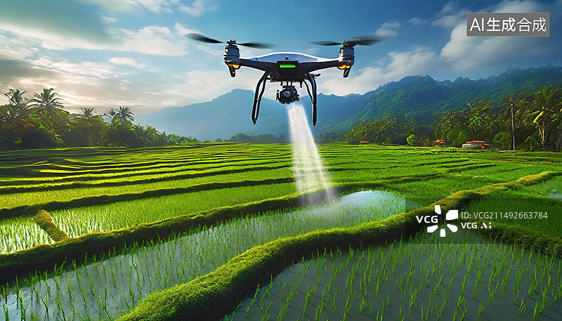 【AI数字艺术】无人机在田地里作业，新质生产力图片素材