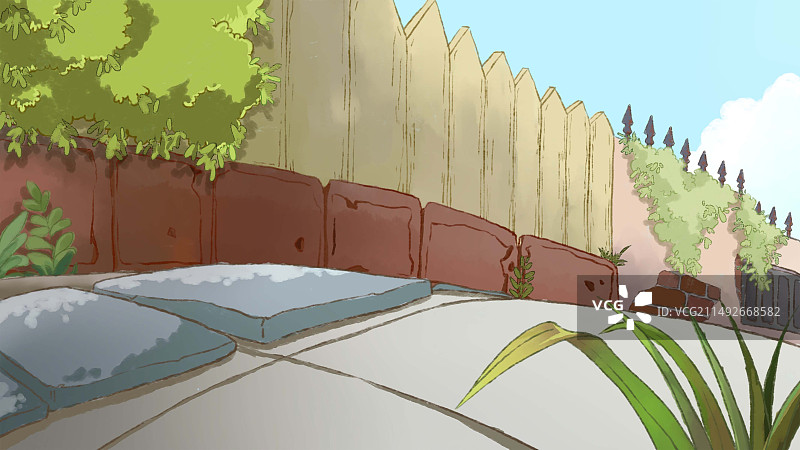 插画二维日式原画风动漫场景石头道路栅栏绿植日景图片素材