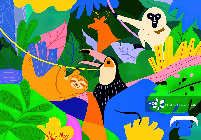 神秘森林中的动物们，扁平风插画图片素材