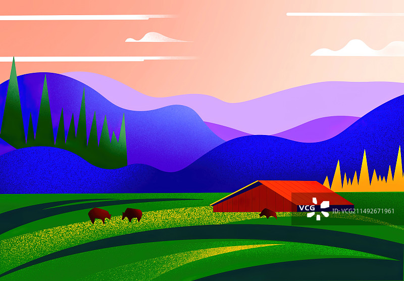 夕阳下的牧场，扁平风插画图片素材