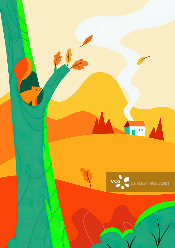 金色的秋天，扁平风插画图片素材