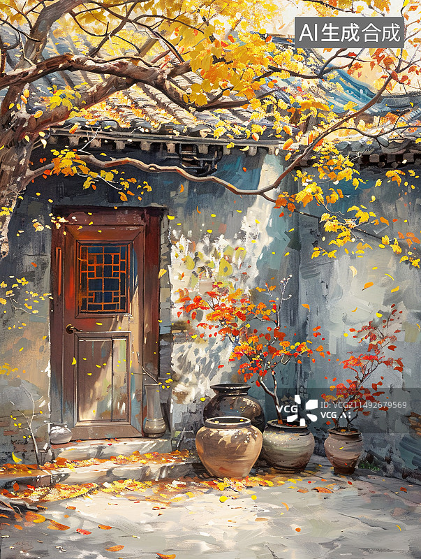 【AI数字艺术】中式农家老院子老家故乡乡村油画厚涂风格图片素材