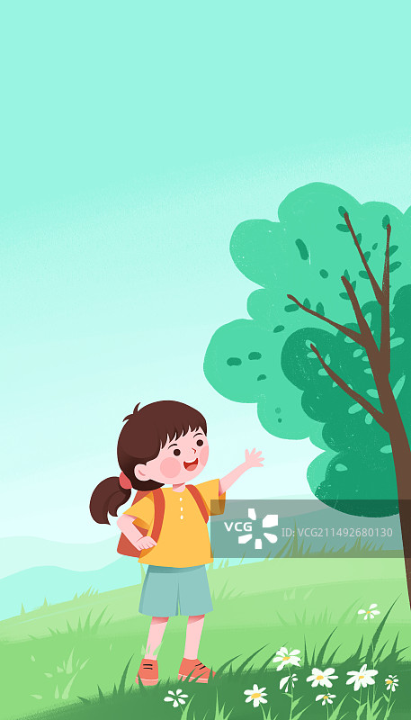 一个女孩背着书包走在户外的草地上，春天夏天户外踏青旅游清新扁平风插画图片素材