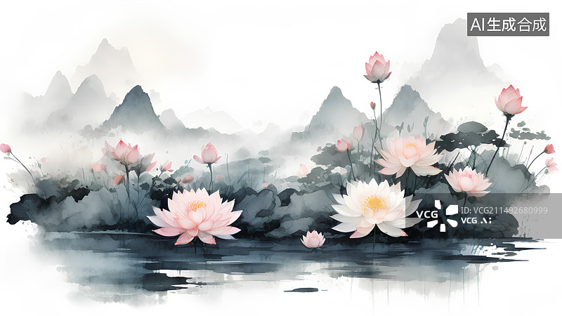 【AI数字艺术】留白水墨画山水荷花，荷塘，莲花图片素材