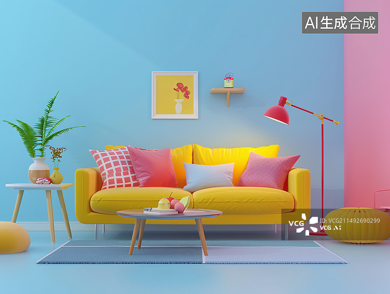 【AI数字艺术】3D渲染卡通可爱简洁客厅图片素材