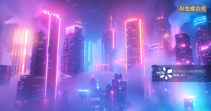 【AI数字艺术】赛博朋克霓虹灯光城市背景图片素材