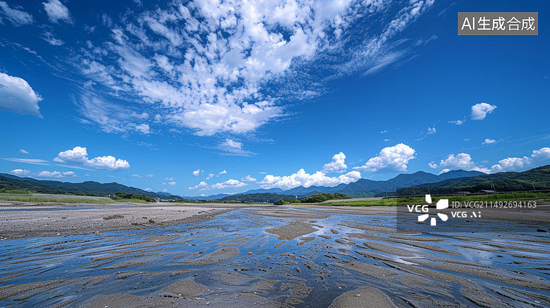 【AI数字艺术】一条几乎没有水的宽阔河床远处是连绵的山脉图片素材